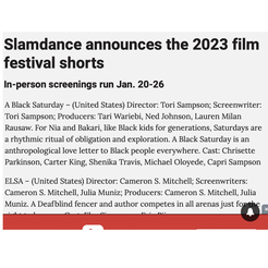 Slamdance 2023 Press Release featuring A Black Saturday